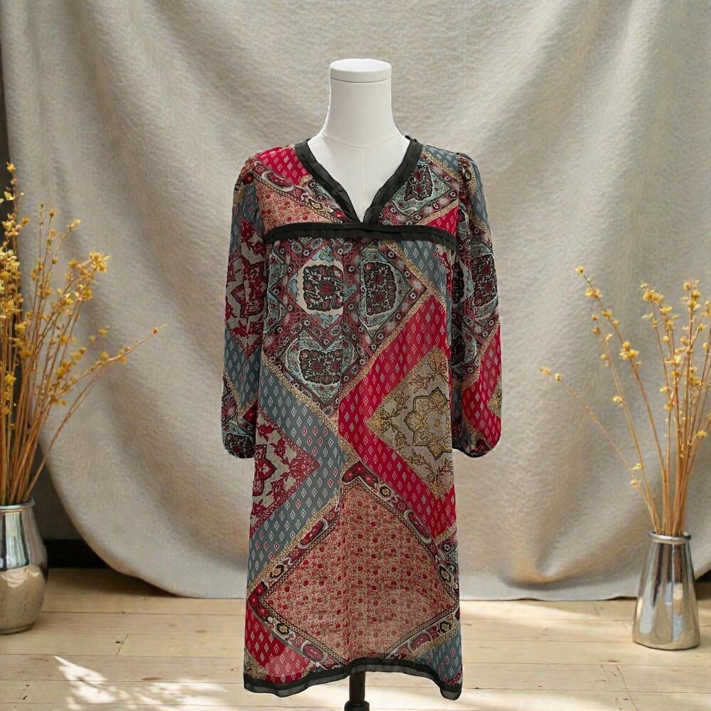 Boho Patchwork Tunic Dress Fall Vintage Folkcore Cottagecore Earthy Sheer‎ 66